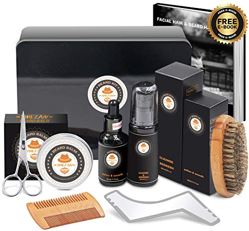 XIKEZAN Beard Grooming Kit in METAL BOX w/Beard Shaping Tool,Beard Shampoo/Wash,Beard Conditioner Oil,Beard Balm,Brush,Comb,Scissor,Beard Growth Care Accessories,Unique Boyfriend Gifts for Men