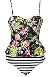 Cupshe Fashion Women's Floral Printing Top Stripe Bottom Falbala Bikini Set Tankini Swimsuit