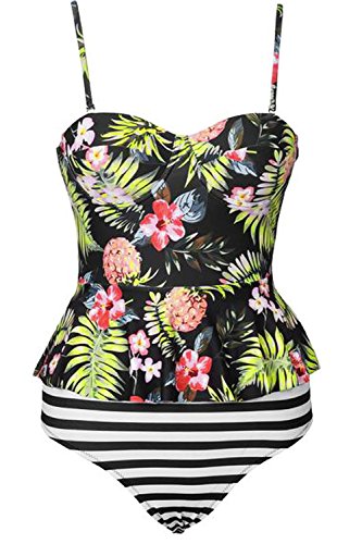 Cupshe Fashion Women's Floral Printing Top Stripe Bottom Falbala Bikini Set Tankini Swimsuit