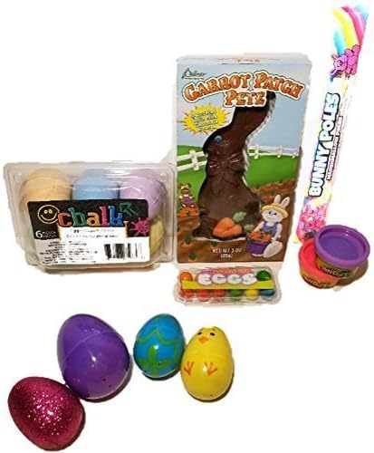 Spring gift for Kids - Easter Egg Shaped Outdoor Chalk Pack, Chocolate Easter Bunny, Mini Play-Doh, Mini Bubble Gum Eggs, Marshmallow Bunny Pole, Candy Filled Easter Eggs - (11 Item Bundle)