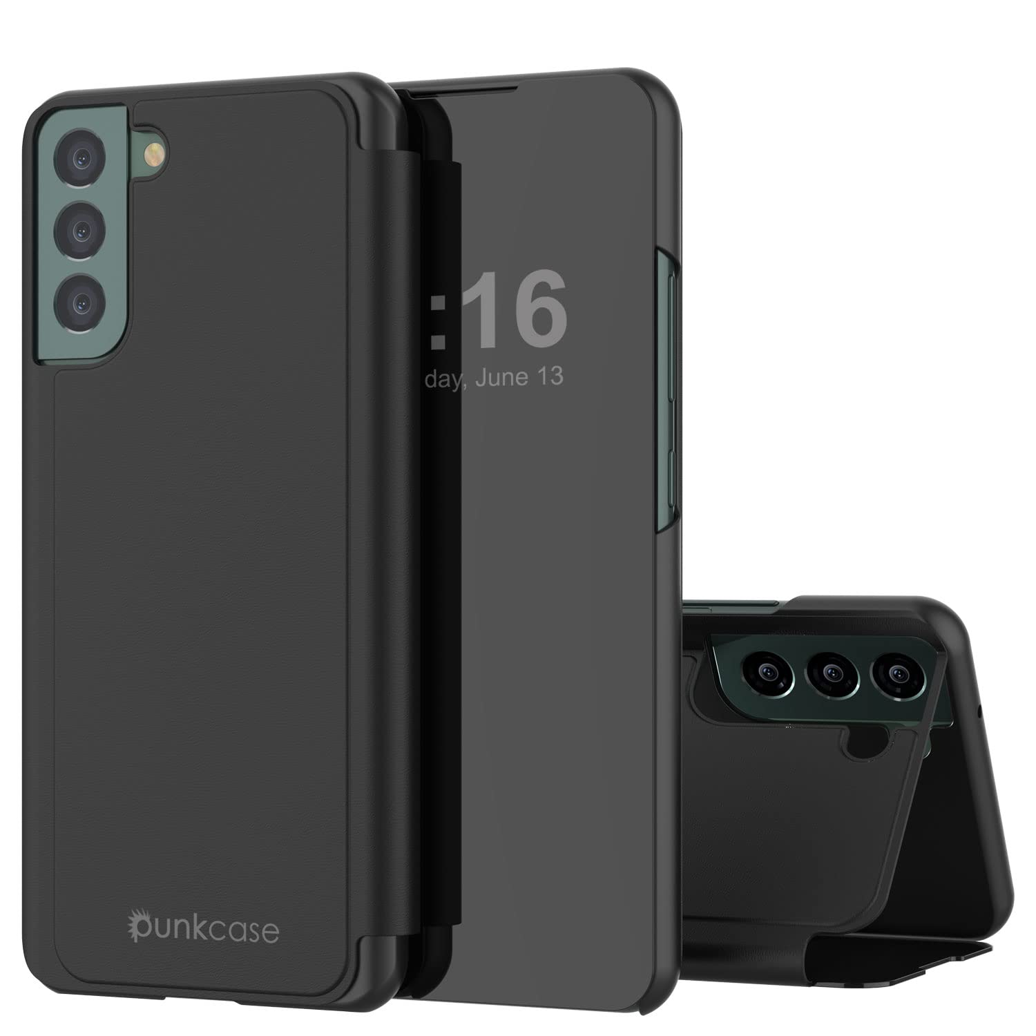 Punkcase S22 Reflector Case Protective Flip Cover W/Scratch Resistant Translucent Mirror Front & Non-Slip PU Leather Back Integrated Kickstand for Galaxy S22 5G (6.1") (2022) (Black)