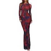 REORIA Women's Spring Mesh Sheer Long Sleeve Wedding Guest Dress Sexy Floral Bodycon Maxi Long Dresses