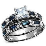 FlameReflection Blue Princess Cut Engagement Rings Stainless Steel Women's Wedding Set Size 5-10 SPJ