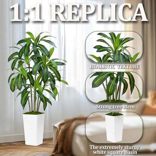 ZEEOZE 150cm Dracaena Plant Artificial Tree Tall Fake Tropical Floor Plants Potted Artificial Silk Tree Leaf Faux Trees White Tall Planter for Home Office Living Room Indoor Outdoor Decor