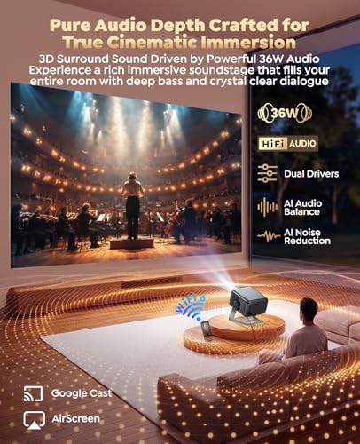 Smart Projector with Google TV, 1200 ANSI Native 1080P 4K Decode Home Cinema Projector Movie Short Throw with 360 Stand, 30W Speaker, AI Auto Focus, 6D Keystone, HDR10 Projectors for Bedroom, Outdoor
