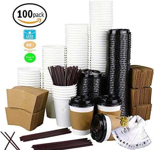Disposable Coffee Cups, 16Oz 100pack with Lids, Sleeves, Straws and T-shirts Carry-out Bag, WHITE Hot Cups To Go Travel Mug Office/Party Pack Tea &amp; Chocolate