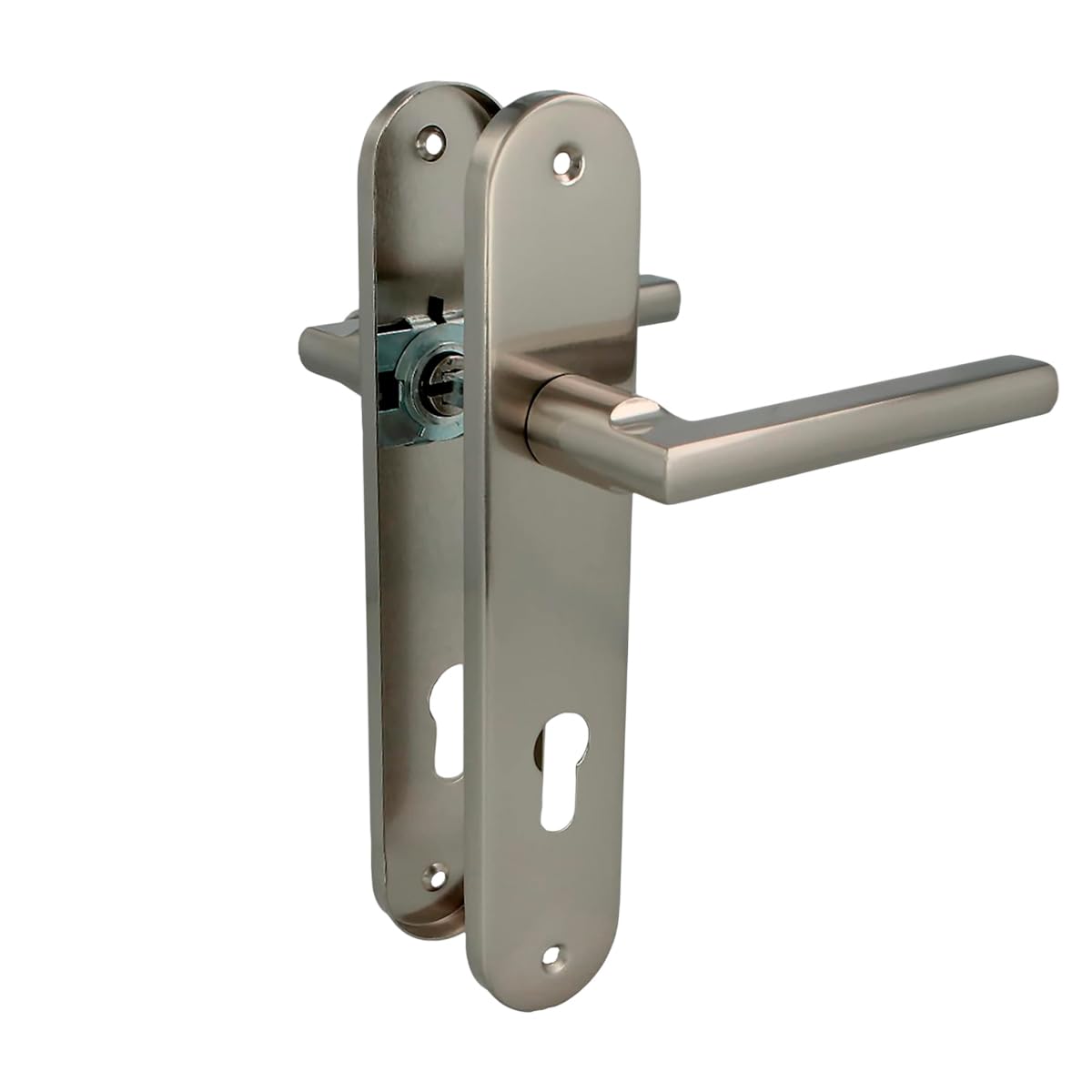 Amig - Door Handle on Backplate Mod. MAI PB85 - for Interior Doors - 8 mm Spindle - 85 mm Key Centre - Backplate 240×45 mm - Aluminium - Brushed Nickel Finish