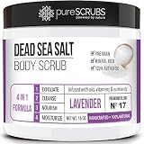pureSCRUBS Premium Organic Body Scrub Set - Large 16oz LAVENDER BODY SCRUB - Dead Sea Salt Infused Organic Essential Oils & Nutrients + FREE Wooden Spoon, Loofah & Mini Organic Exfoliating Bar Soap