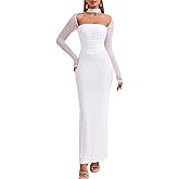 HTZMO Women Long Sleeve Bodycon Maxi Dress Halter Neck Ruched Elegant Wedding Guest Formal Long Dresses