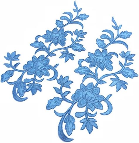 Two Big Flower Iron on Embroidered Appliques Patch Embroidered Lace Fabric Ribbon Trim Neckline Collar (Blue)