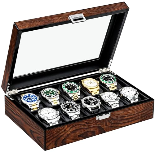 BEWISHOME Watch Box -10 Slot Wooden Watch Cases for Men Watch Storage with Real Glass Top, Mens Watch Organizer Holder with Removable Pillows, Smooth PU Leather Interior, Brown SSH10Y
