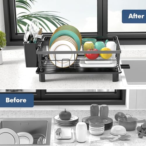 Dish Drying Rack, Space-Saving Dish Rack for Kitchen Counter, Stainless Steel Dish Rack with Cutlery Holder, Removable Dish Drainer, Drainboard and Adjustable Spout for Various Kitchenware,15x11x6.7''