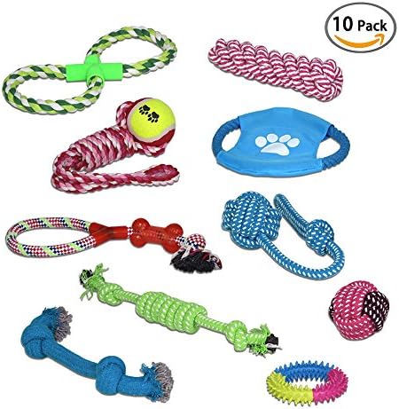 Pet Dog Rope Toy for Small to Medium Dogs (Set of 10) - Variety Training Toy Gift Set for Puppy Doggie - Teeth Cleaning Assortment of Tassels Tug Rope,,Chew Cutton Ball,Rubber Dental Toy
