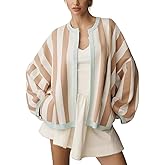 VAOYIU Womens Casual Striped Knit Cardigan Cute Long Lantern Sleeves Elegant Round Neck Color Block Open Front Sweater