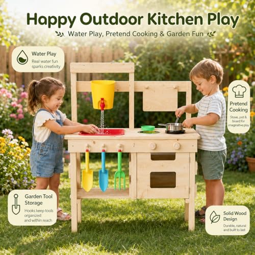 Wooden Outdoor Mud Kitchen for Kids, Waterproof Solid Wood Play Kitchen with Removable Faucet, Sink, Cutting Board, Toy Pots, Soil Cups, Magnetic Door and Storage Shelf