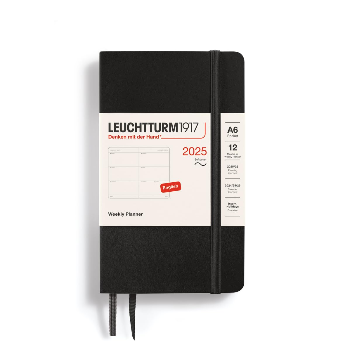 LEUCHTTURM1917 370680 Weekly Planner 2025, Pocket A6 Softcover, 12-Month Planner, Lined, Black, English