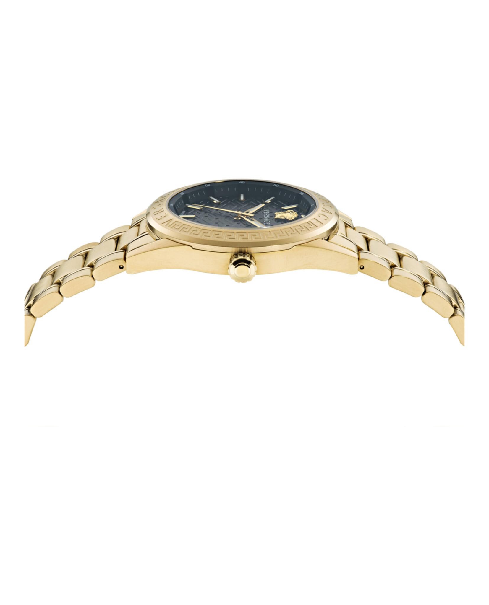 Versace V-Code Collection Luxury Mens Watch Timepieces with a Gold Bracelet Featuring a IP Yellow Gold Case and a Black Dial