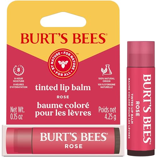BURT’S BEES LIP TINT BALM, LONG LASTING 2 IN 1 DUO TINTED BALM FORMULA, COLOR INFUSED WITH HYDRATING SHEA BUTTER FOR A NATURAL LOOKING BUILDABLE FINISH, ROSE, 1 TUBE