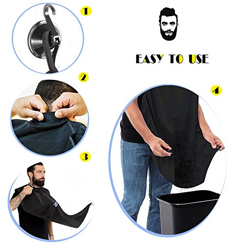 Beard Trimming Apron + the Beard Template Bib Guide Tool Mustache Shaper Comb Hair Catcher Cape Shaving Grooming Shaping Clippings Facial Styling Gift for Men, Black