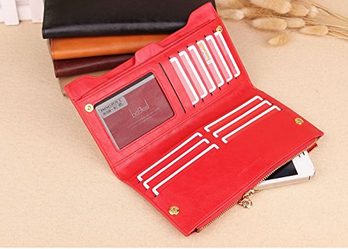 Miraclekoo Long Bifold Wallet Slim Purse Credit Card Holder Womens/mens Soft Leather Zipper Handbag (red)