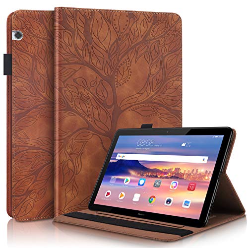 Succtop Huawei Mediapad T5 10 Case PU Leather Flip Wallet Card Slot Multifunction Tablet Protective Case Standing Function and Pen Holder for Huawei Mediapad T5 10 10.1 Inch 2018, Brown
