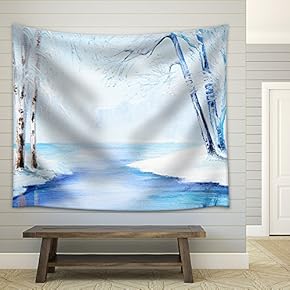 Oil Painting - Winter Landscape, Colorful Watercolor - Fabric Wall Tapestry Home Decor - 51x60 inches