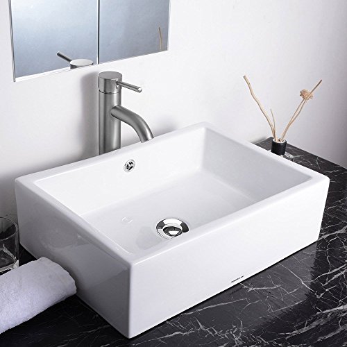 20-2/7" L x 14-1/4" W x 6" H Bathroom Rectangle Vessel White Porcelain Ceramic Sink Countertop Types Overflow w/ Chrome Pop Up Drain