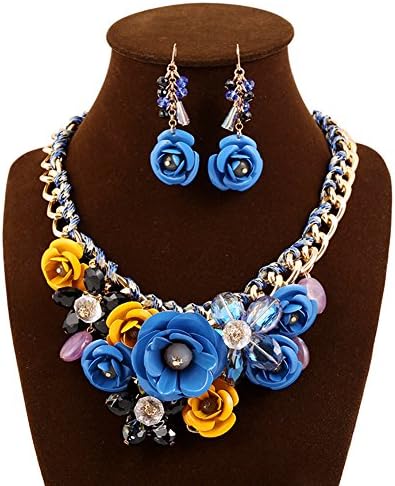 Yeshion Rose Statement Necklace and Earrings Set Crystal Flower Jewelry Sets for Women (Blue+Yellow)