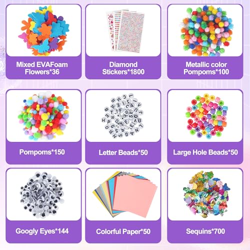 JIYANA Kit Manualidades Niños 3300+PCS, Portátil Kit Caja Manualidades, Set DIY Completo con Limpiapipas, Cuentas, Pompones y Ojos Móviles, Ideal para Niños y Niñas de 4-12 Años(Mmorado)