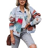 Lumister Women's Aztec Denim Jacket Distressed Lapel Long Sleeve Vintage Button Down Denim Jacket Shacket