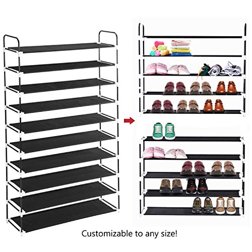 MaidMAX 10 Tiers Free Standing Shoe Rack for 50 Pairs of Shoes Organizer in Closet Entryway Hallway, Metal Frame and Fabric Shelves, 39.4 x 11.4 x 68.9'', Black