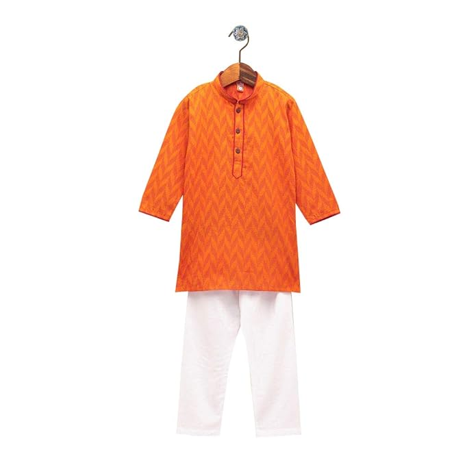 Kid1 by Hopscotch Baby Boys Cotton Full Sleeves Kurta Pyjama Set in Orange Color
