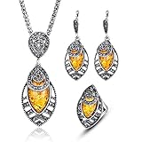 Vintage Women Oval Multi Colors Amber Pendant Jewelry Set, Fashion Wedding Bridal Jewelry Set of 3 - Red+Ring#7