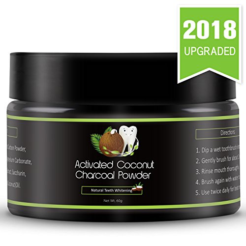 [2018 UPGRADED] Natural Coconut Activated Charcoal Teeth Whitening Powder - Teeth Whitener - Made With Natural Coconut Charcoal - 100% Vegan And Organic - Works Well With Charcoal Toothpaste - 60g