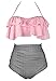 COCOSHIP Light Pink & Black Striped Retro Boho Flounce Falbala High Waist Bikini Set Chic Swimsuit Bathing Suit XXL(FBA)