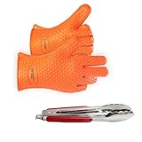 BBQ Gloves Silicone Heat Resistant BBQ Grill Gloves Great for Barbeque, Oven, Cooking, Frying, Baking, Smoking, Potholder, FDA Approved and BPA Free (Tong included)