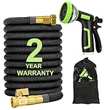 Healon Expandable Garden Water Hose with 10 Pattern Spray Nozzle, Solid Brass Connector, Double Latex Core Expanding Water Hose with Storage Bag (50FT)