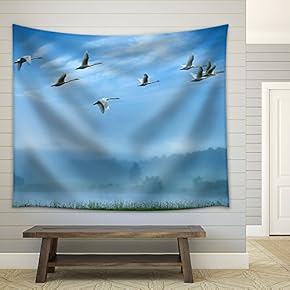 Birds Flying Away Over Blue Sky Background - Fabric Wall Tapestry Home Decor - 51x60 inches