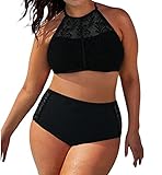 EVALESS Womens Stylish Patterned High Waisted Bikini Set Swimsuit Large Size Black