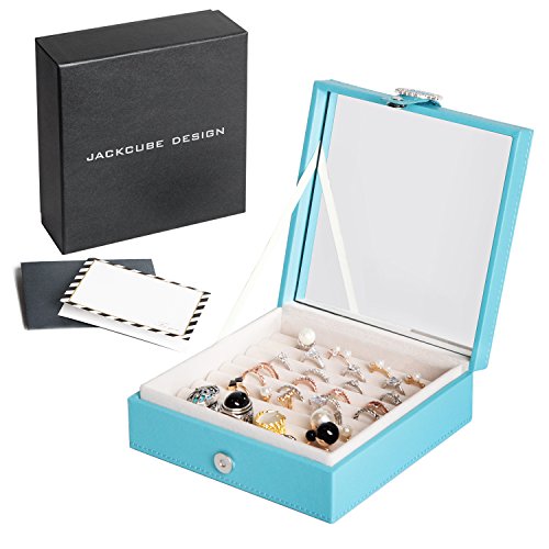 JackCubeDesign Leather 9 Slots Ring Organizer Storage Jewelry Box Display with Mirror Inside Velvet Divider Ring Tray Case Holder(Sky Blue, 6.5 x 6.5 x 2.3 inches) – :MK354B