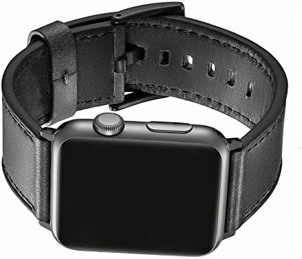 Hirotech apple watch leather band 42mm, Genuine Leather iWatch Strap Replacement Band with Stainless Metal Clasp for Apple Watch Series 3 Series 2 Series 1 (Black, Large)