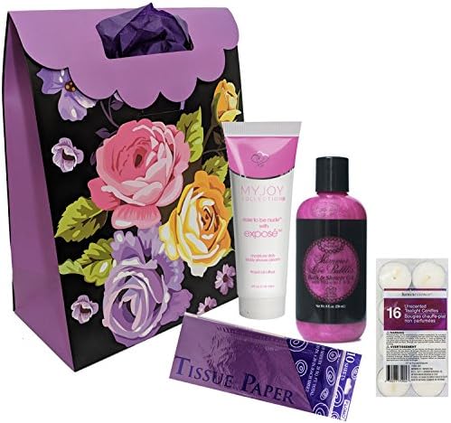 Bubble Bath Set with Shea Moisture Shave Cream for Women with Purple Gift Bag, Tissue and Tea Light Candles Bundle