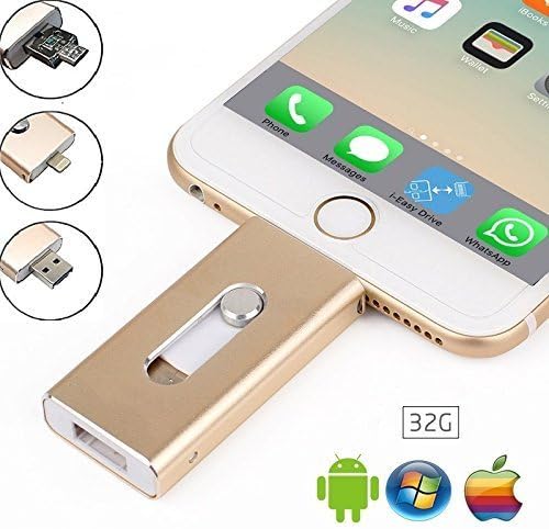 Flash Drive 32GB iPhone OTG - Thumb Drive with USB Mirco USB and Lightning(3 in 1)Connector Perfect for Small Memory iPhone, Pen Drive External Memory Stick for Apple IOS Android Computer-Gold