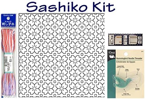 Japanese Sashiko Hand Embroidery Kit #14: Includes Preprinted Fabric of Maple Leaf Design, Thread and Needles
