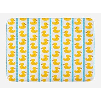 Ambesonne Rubber Duck Bath Mat, Yellow Duckies with Blue Stripes and Small Circles Baby Nursery Play Toys Pattern, Plush Bathroom Decor Mat with Non Slip Backing, 29.5