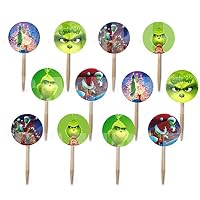 Party Over Here The Grinch Movie Double-Sided Cupcake Picks Cake Toppers -12 pcs, who Stole Christmas, Whoville, Dog Max, Cindy Lou Who