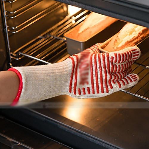 JZDCSCDNS Oven Gloves Five Fingers Anti-hot Non-slip High Temperature Kitchen Microwave Oven Baking High Temperature Environment Lengthen Elastic Cuffs Silica Gel Cotton Yarn Beige