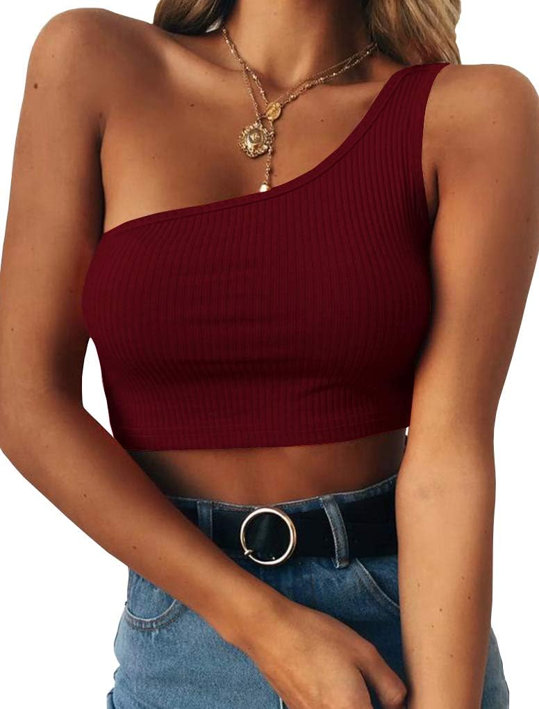 PRETTODAYWomen's Sleeveless Crop Tops Sexy One Shoulder Strappy Tees Basic Crop Tank Top