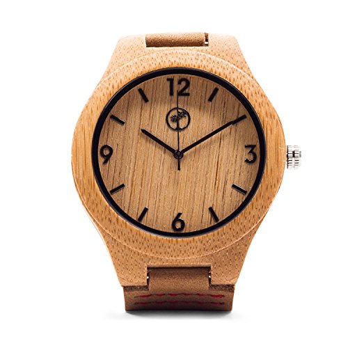 Wooden Watch for Men by Tree People: Bamboo Wood Case, Genuine Cowhide Leather Watch Strap, Miyota Quartz Movement