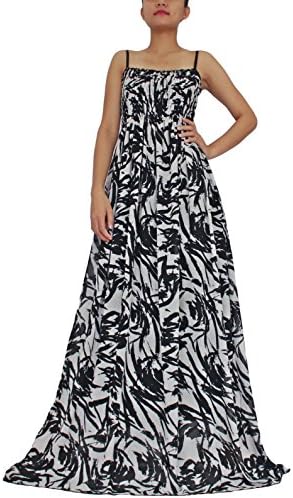 Women Maxi Extra Long Sundress Plus Size Party White Black B&amp;W Abstract Prints (XL)